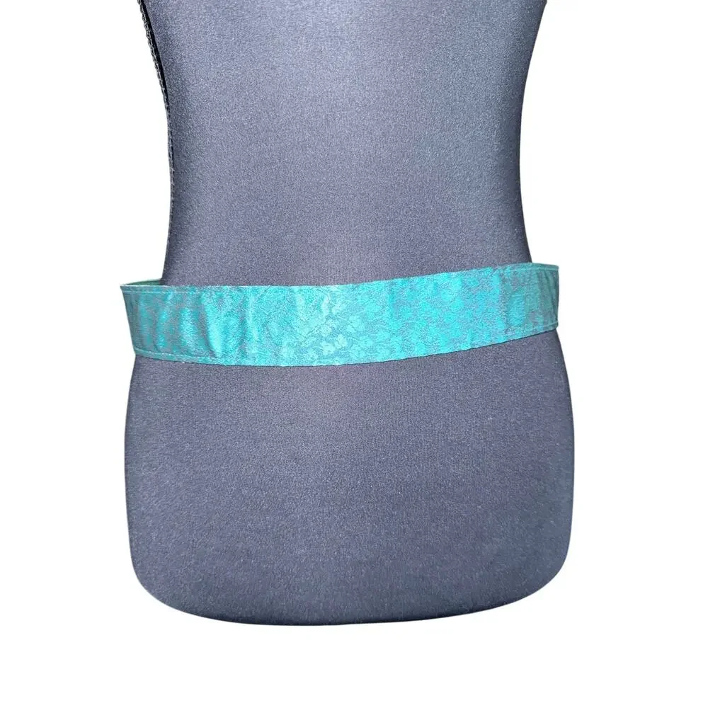 Vintage teal green satin embossed jacquard wide belt women’s 28-32 inches